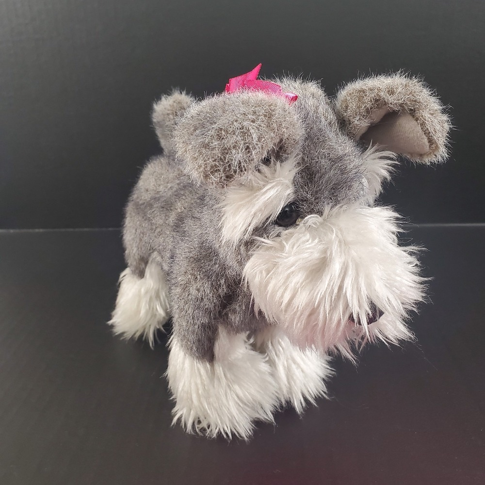 Mini Schnauzer Gray Plush 9" Stuffed Animal GIRL Dog Wearing Pink Hair Bow‎